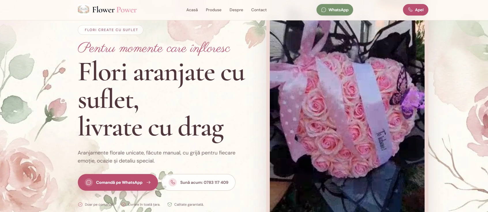 Hero-ul website-ului FlowerPowerShop: flori aranjate cu suflet, livrate cu drag