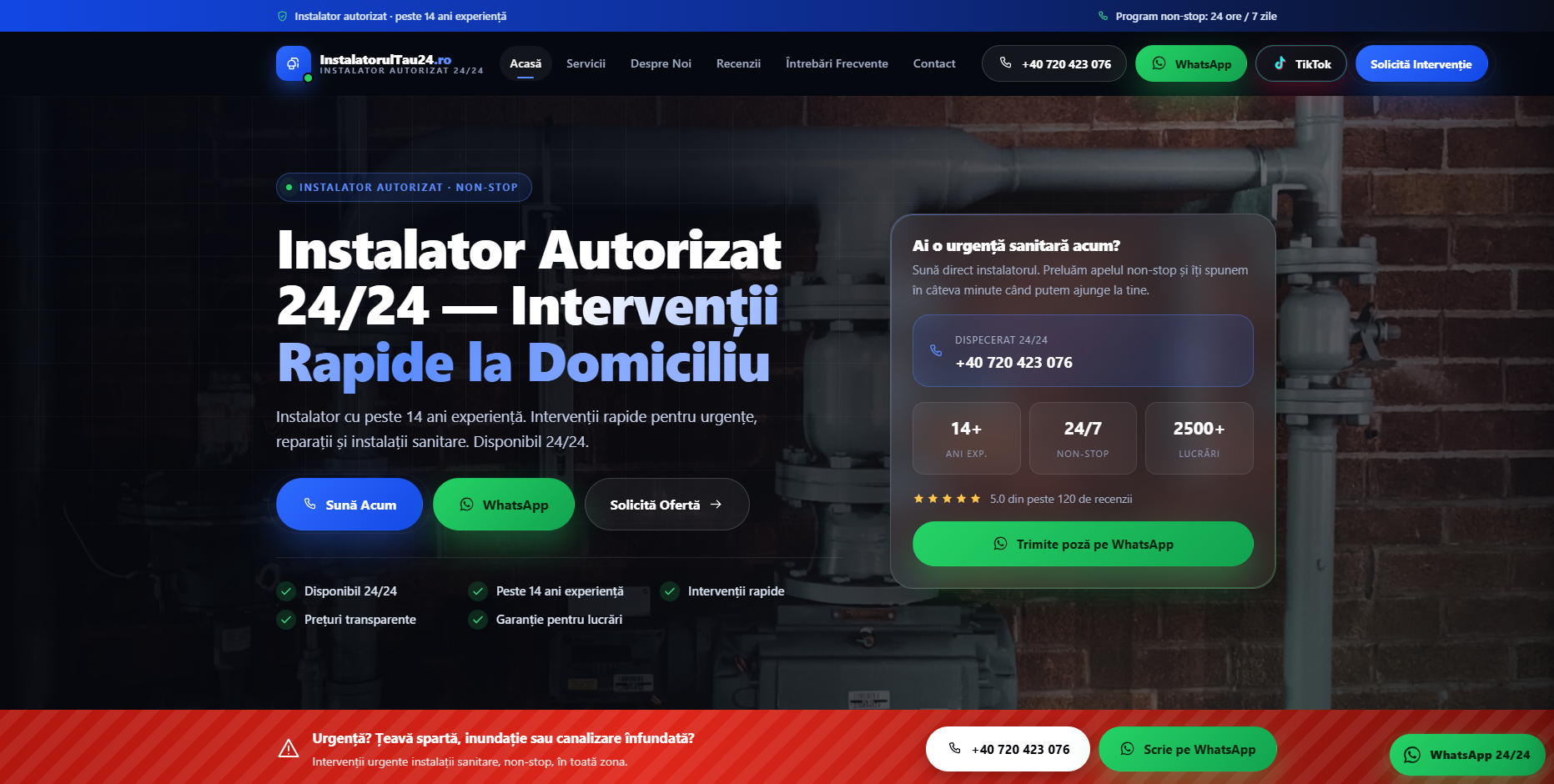 Hero-ul website-ului InstalatorulTău24.ro, cu servicii sanitare și contact prin telefon și WhatsApp